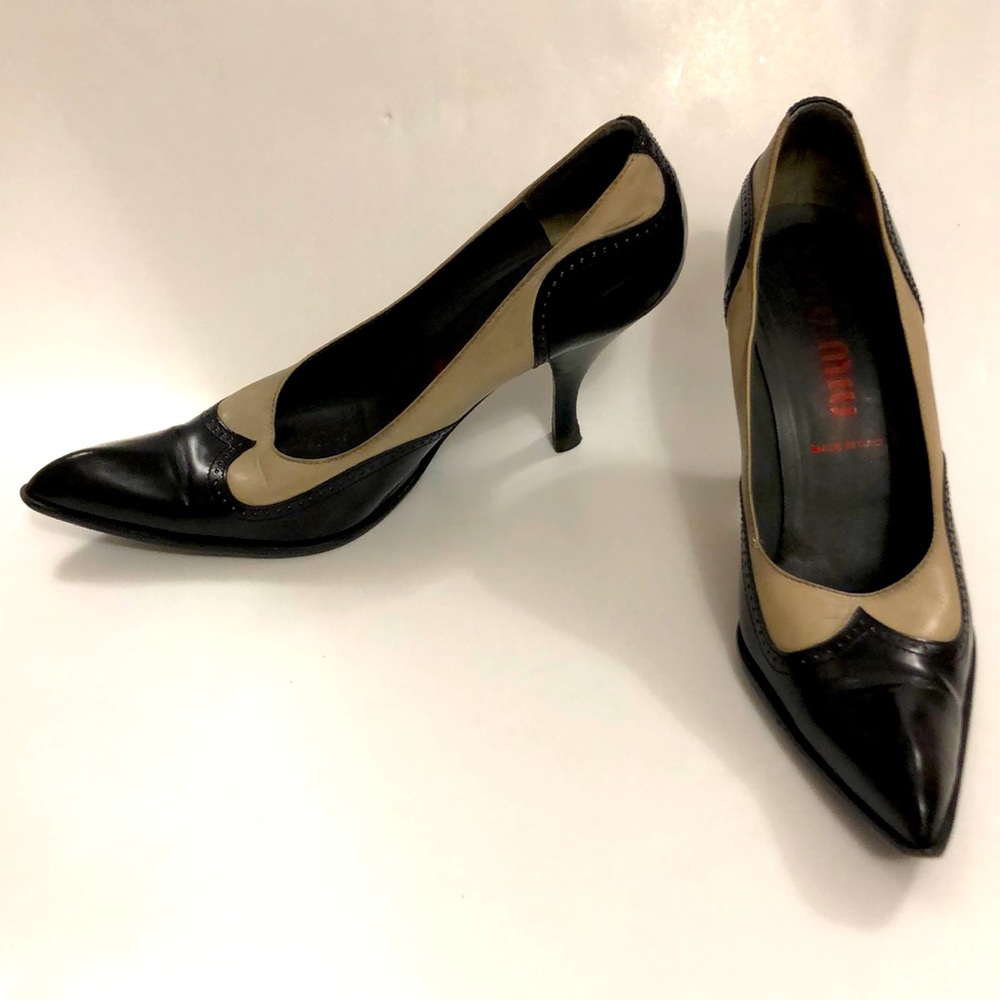 Miu Miu 40M (9-9.5 USA) Heel Shoe Black Beige All Leather Excellent Condition